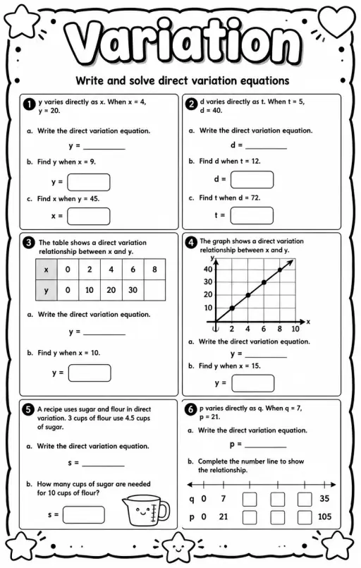 Write and solve direct variation equations