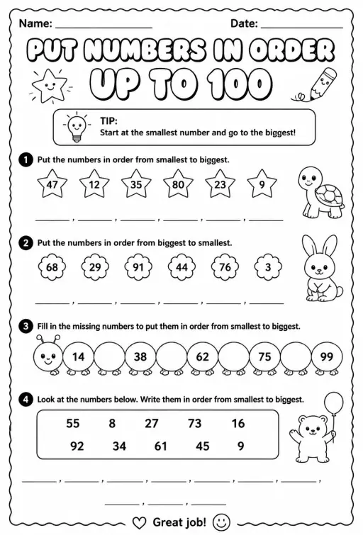 Put numbers in order - up to 100