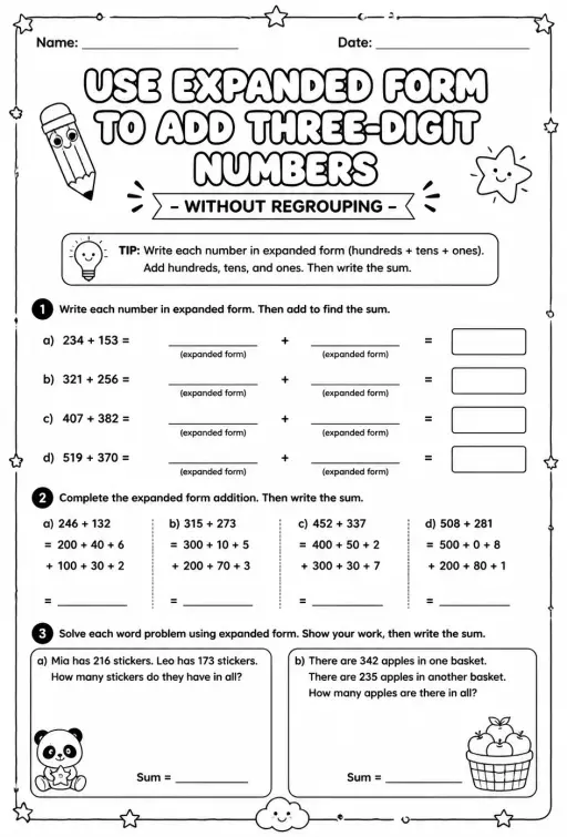 Use expanded form to add three-digit numbers - without regrouping