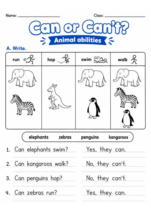 Can and Can't Animal Abilities Pack - 2 Worksheets | Grade 1