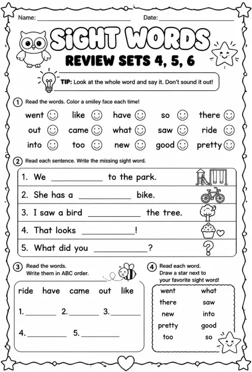 Read sight words: review sets 4, 5, 6