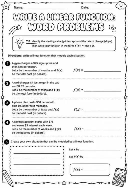 Write a linear function: word problems