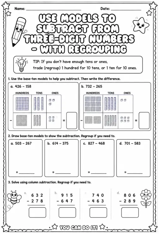 Use models to subtract from three-digit numbers - with regrouping