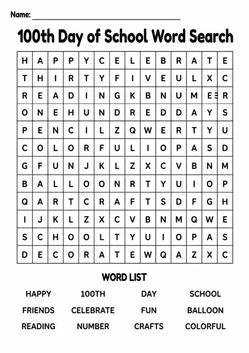 100th Day of School Word Search — Grade 1