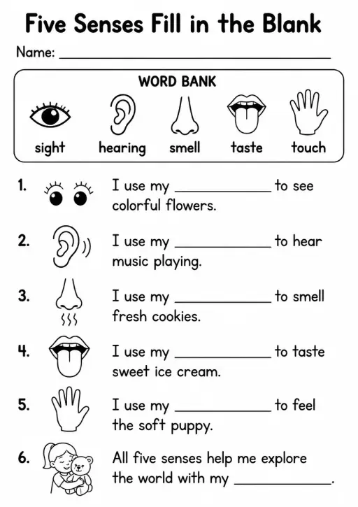 Five Senses Fill in the Blank — Grade 2