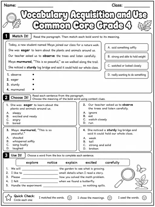 Vocabulary Acquisition and Use Common Core Grade 4