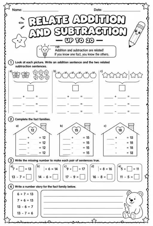 Relate addition and subtraction sentences - up to 20