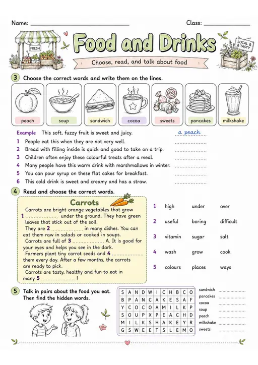Cambridge MOVERS - Food and Drinks - Practice 2 | Free Worksheet