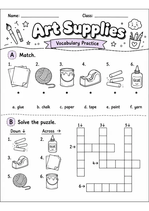 Art Supplies Pack - 2 Worksheets | Grade 1