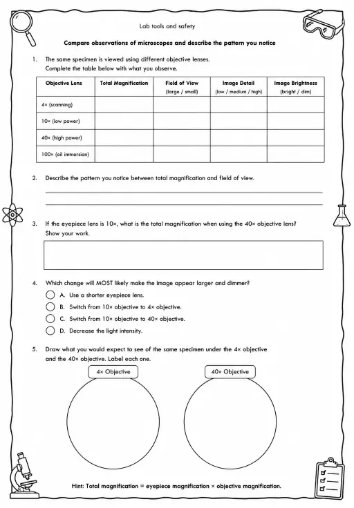 Compare observations of microscopes and describe the pattern you notice