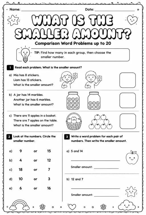 Comparison word problems up to 20: what is the smaller amount?