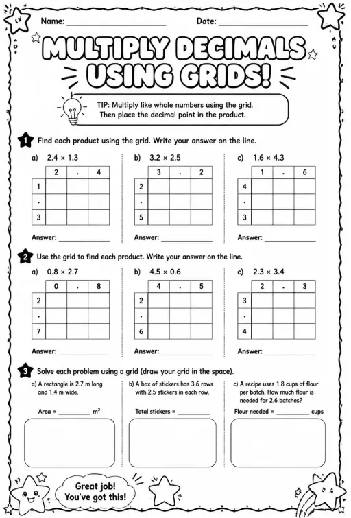Multiply decimals using grids