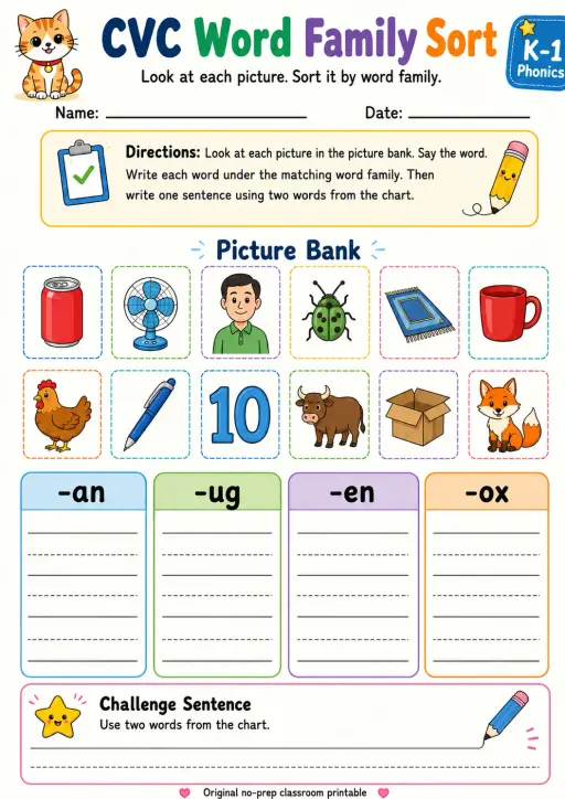 CVC Word Family Sort: -an, -ug, -en, -ox