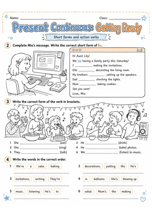 Present Continuous: Getting Ready | Grades 2-3 Grammar Worksheet