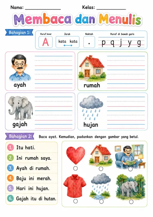 Malay Letter H Phonics Worksheets Pack
