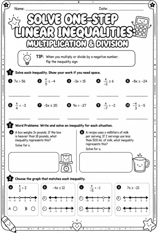 Solve one-step linear inequalities: multiplication and division
