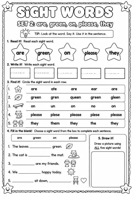 Read sight words set 2: are, green, on, please, they