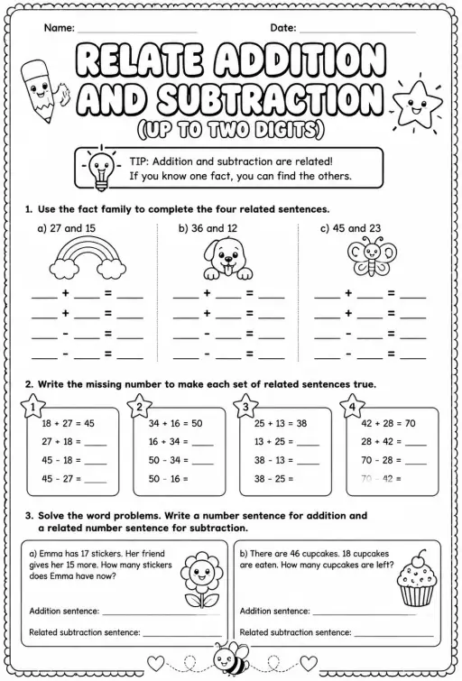 Relate addition and subtraction sentences - up to two digits