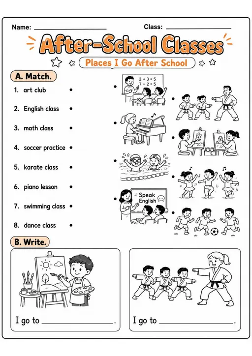 After-School Classes Pack - 3 Worksheets | Grades 2-3