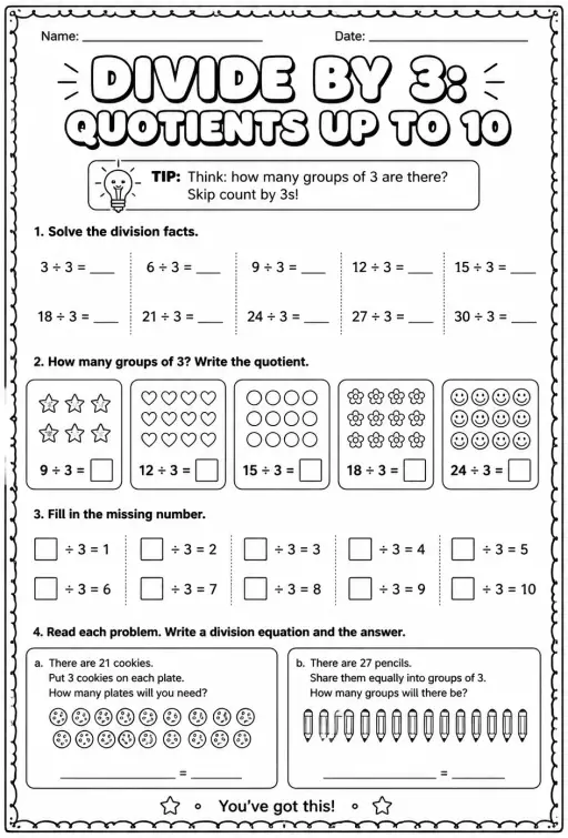 Divide by 3: quotients up to 10