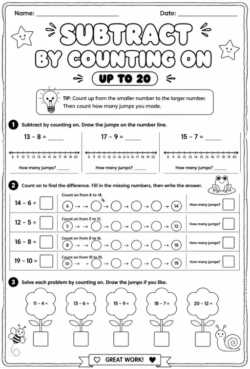 Subtract by counting on - up to 20