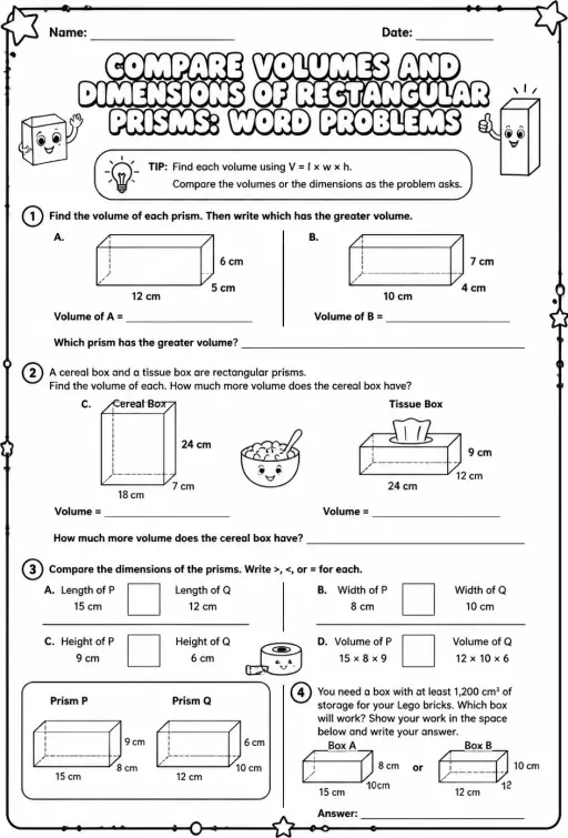 Compare volumes and dimensions of rectangular prisms: word problems