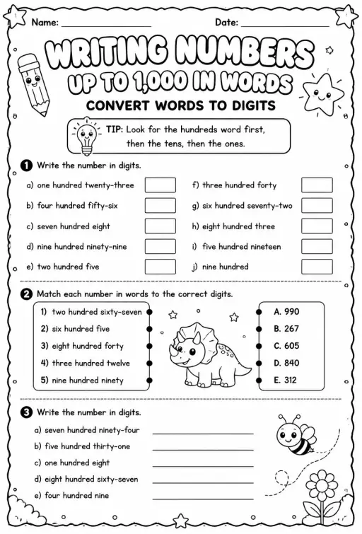 Writing numbers up to 1,000 in words - convert words to digits