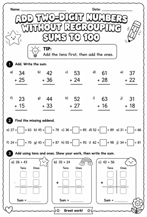 Add two-digit numbers without regrouping - sums to 100