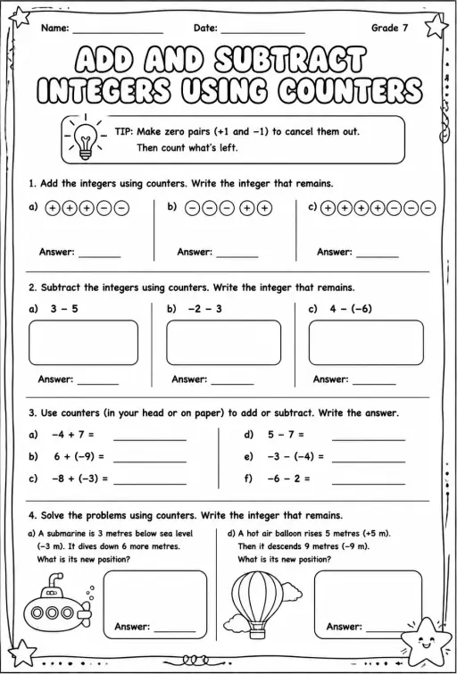 Add and subtract integers using counters