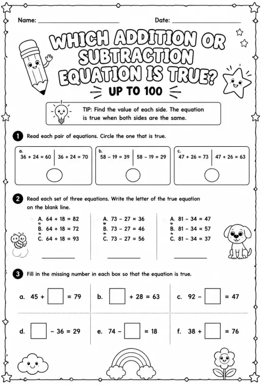 Which addition or subtraction equation is true? - up to 100