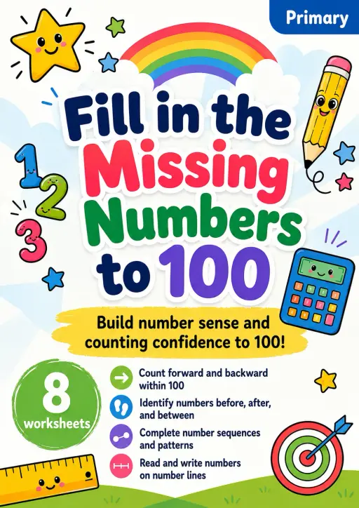 Fill in the Missing Numbers to 100 Worksheet Pack