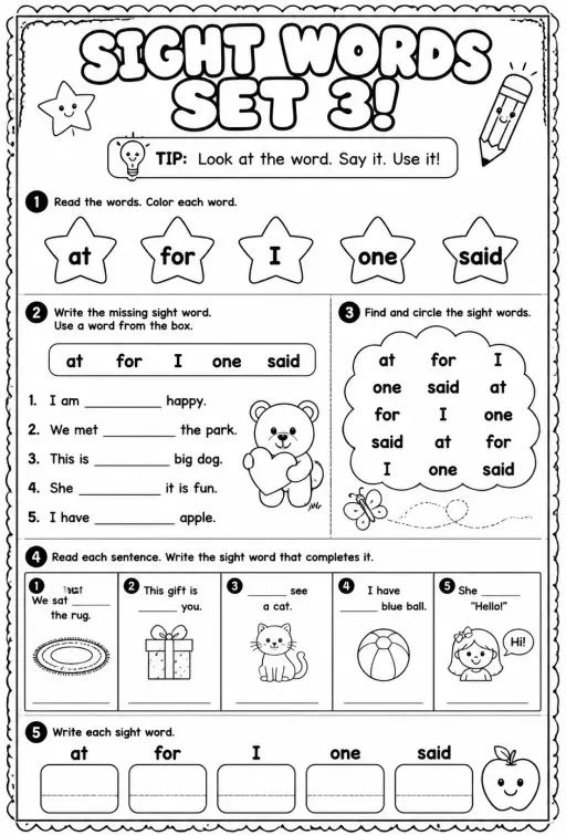 Read sight words set 3: at, for, I, one, said