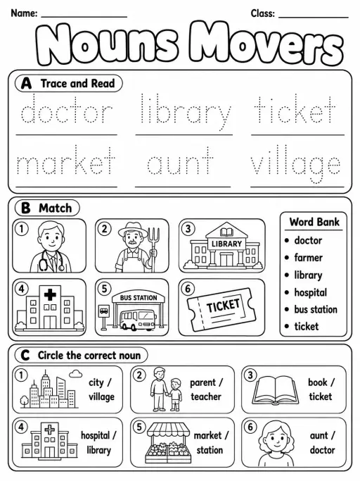 Nouns Movers Vocabulary Worksheet Pack