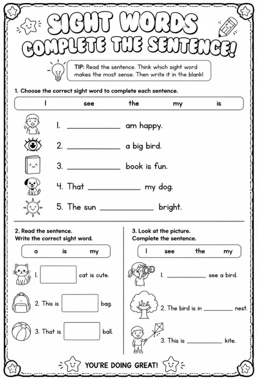 Complete the sentence with the correct sight word