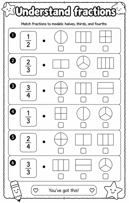 Match fractions to models: halves, thirds, and fourths