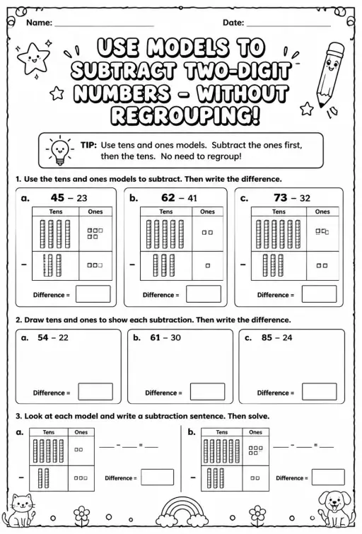 Use models to subtract two-digit numbers - without regrouping