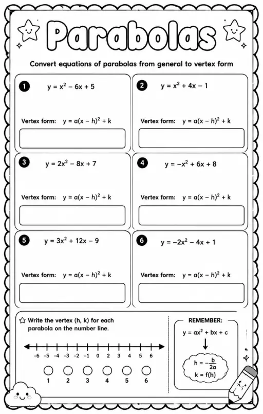 Convert equations of parabolas from general to vertex form
