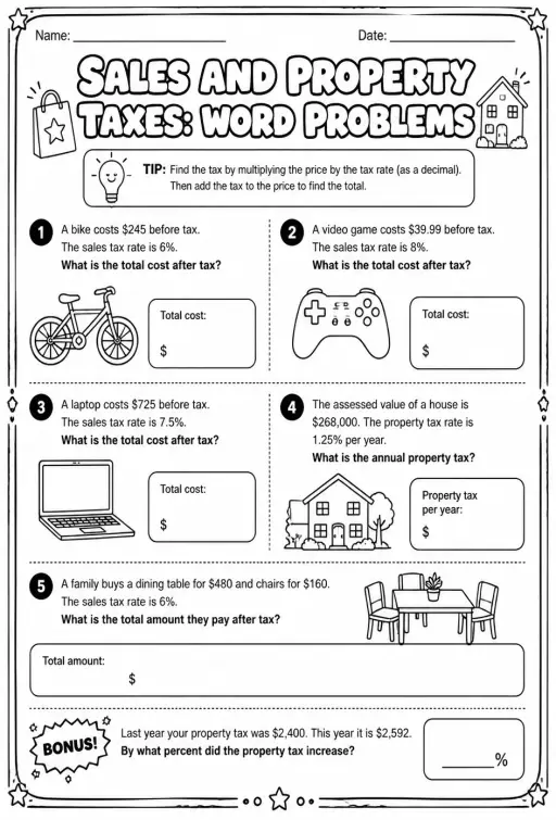 Sales and property taxes: word problems