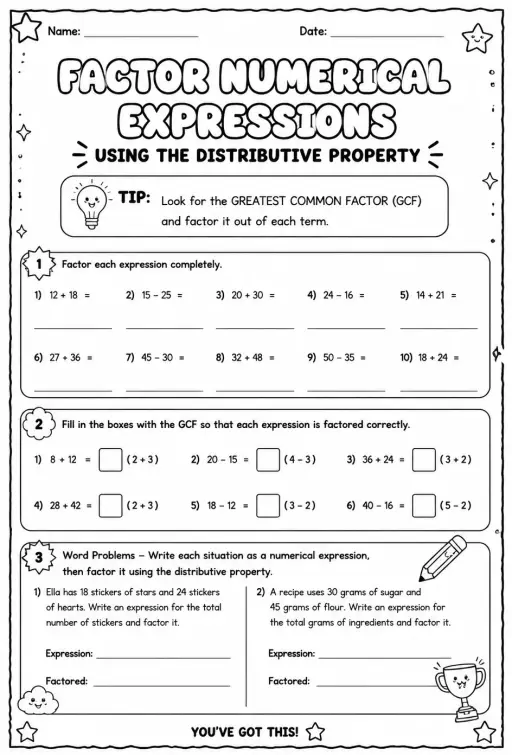 Factor numerical expressions using the distributive property