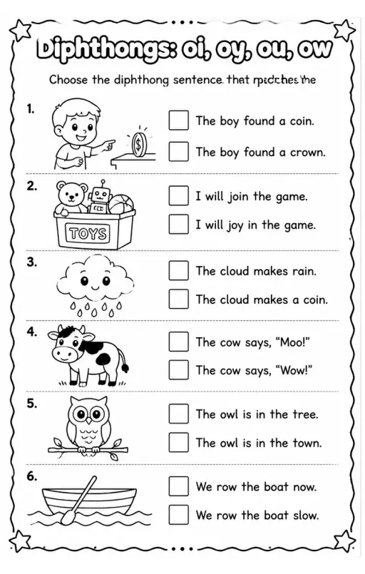 Choose the diphthong sentence that matches the picture