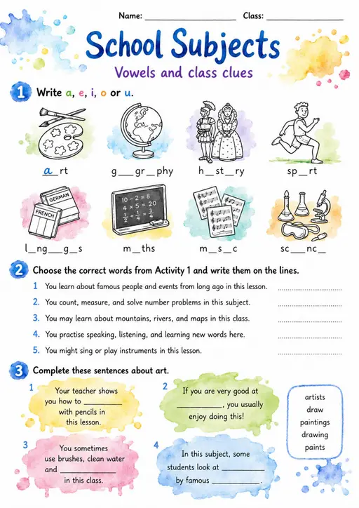 Cambridge Flyers - School Subjects | Free Worksheet