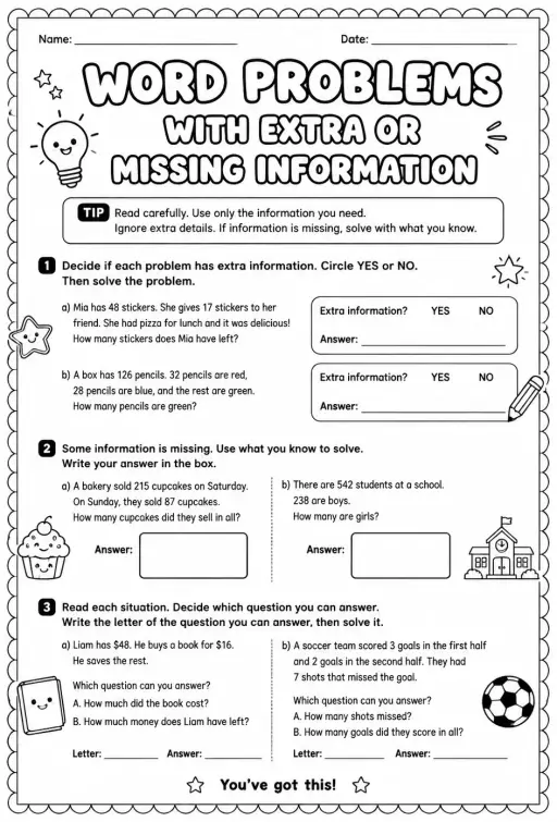 Word problems with extra or missing information