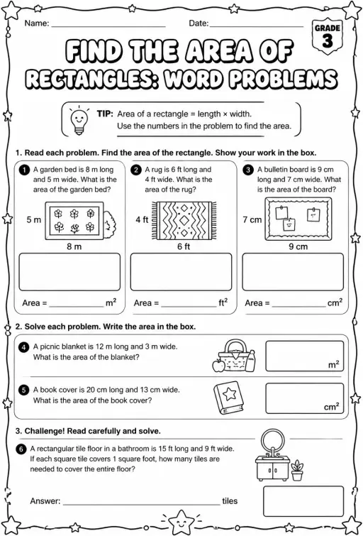 Find the area of rectangles: word problems