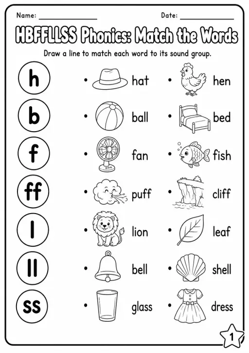 Beginning Sounds Phonics Match the Words - H B F L S Worksheet Pack