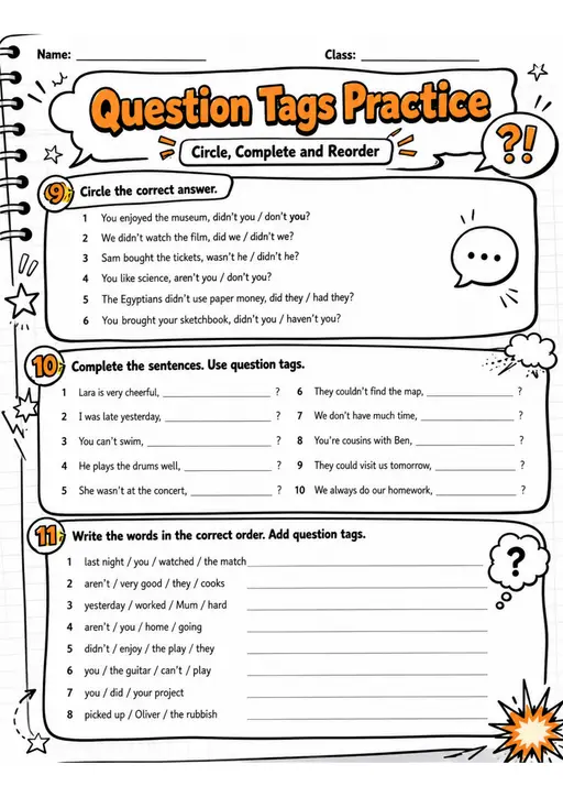 Question Tags Practice | Grade 5 Grammar Worksheet
