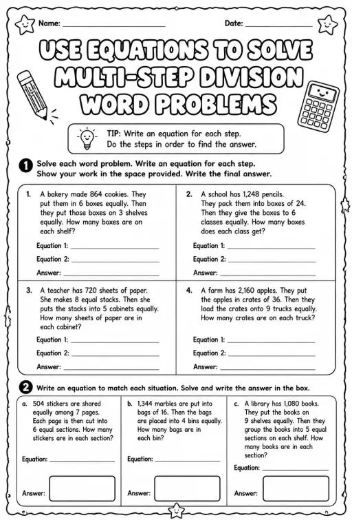 Use equations to solve multi-step division word problems