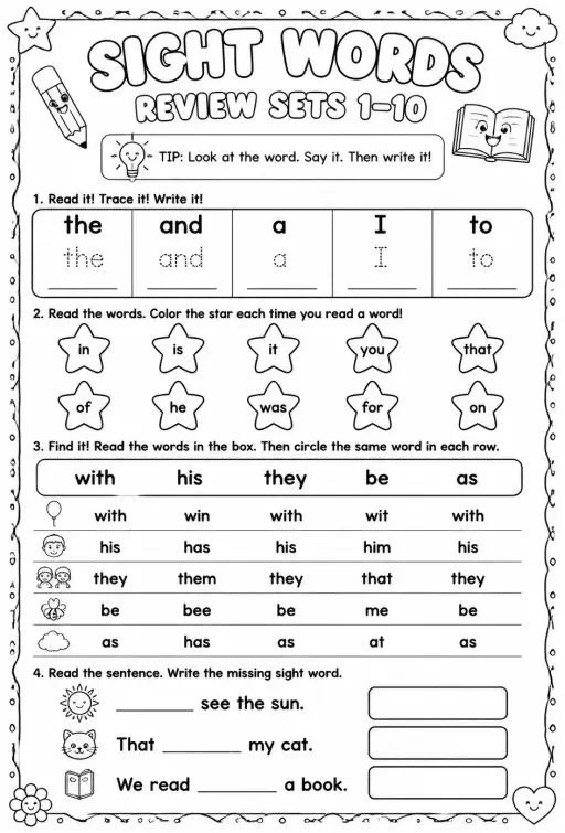 Read sight words: review sets 1–10