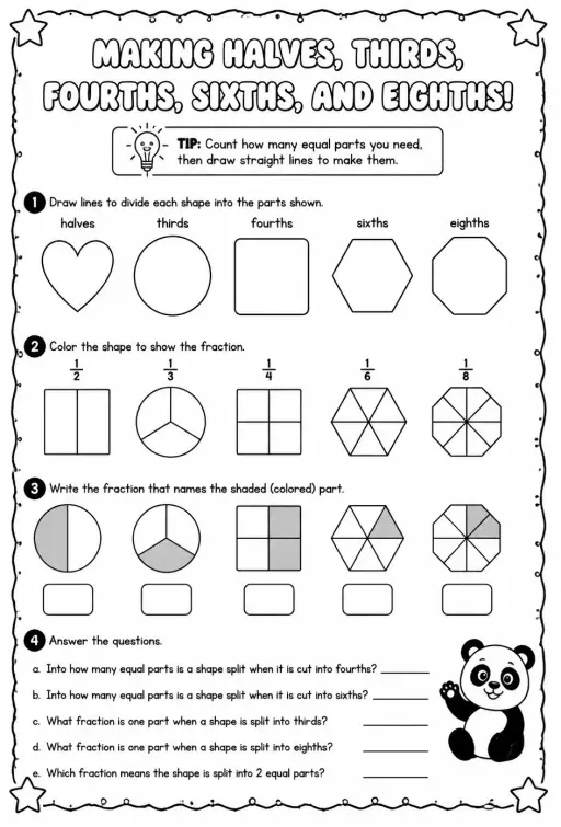 Make halves, thirds, fourths, sixths, and eighths