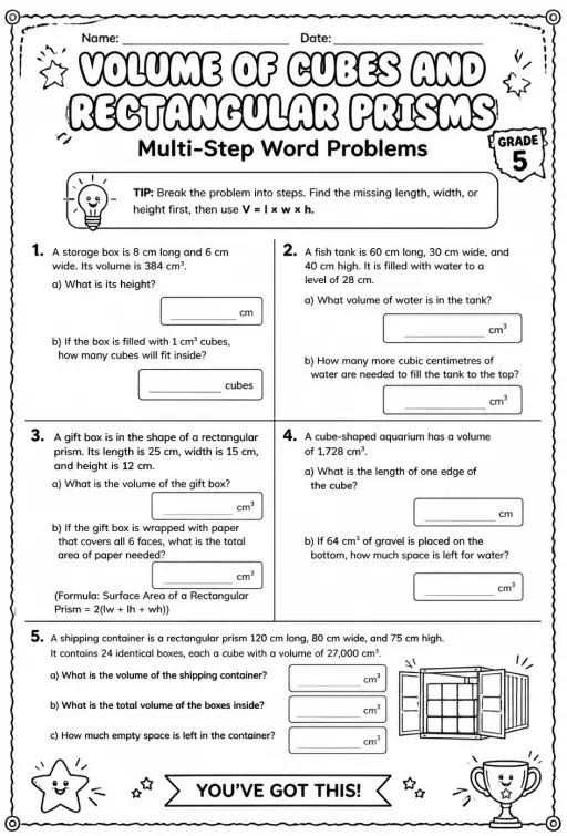 Volume of cubes and rectangular prisms: multi-step word problems