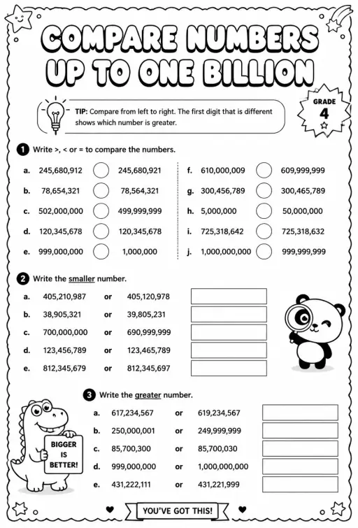 Compare numbers up to one billion